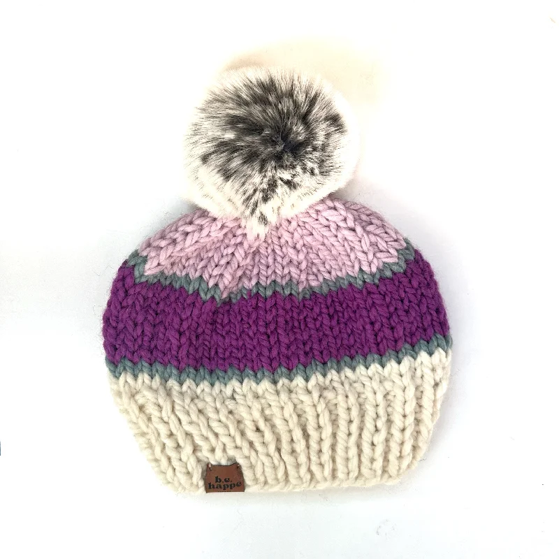 beanies for fashion accessories-  Adult Stripe Knit Pom Hat | Off White + Grey +  Purple