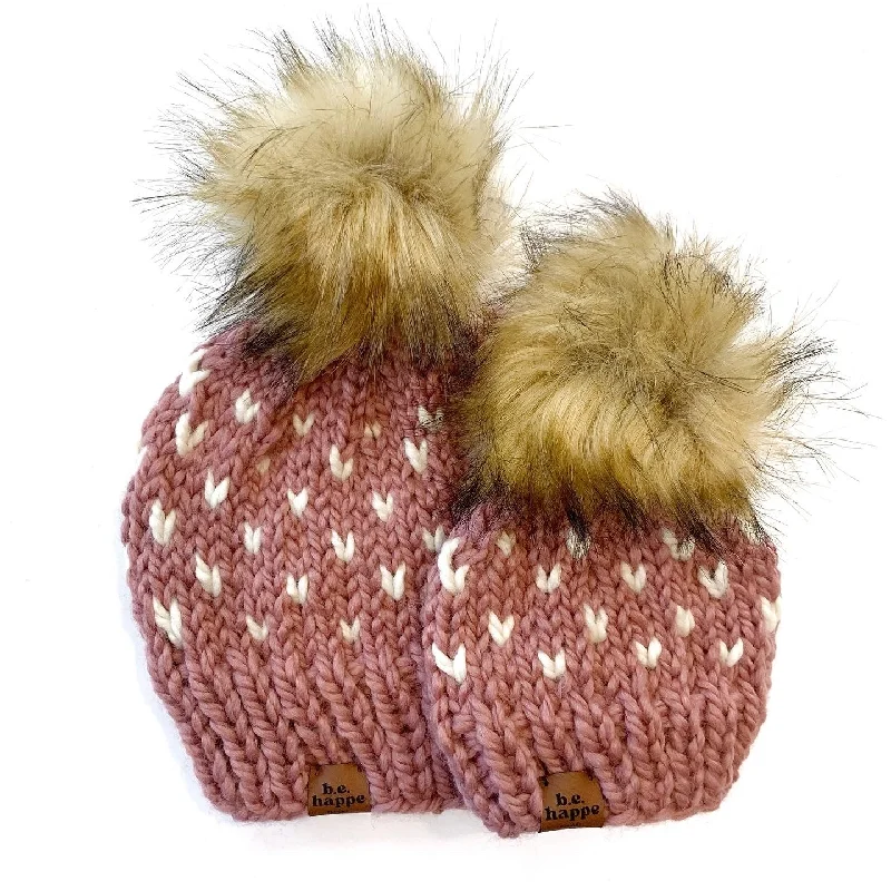 beanies with fluffy pompom-  Mommy + Me Happe Heart | Toddler + Adult | Dusty Pink