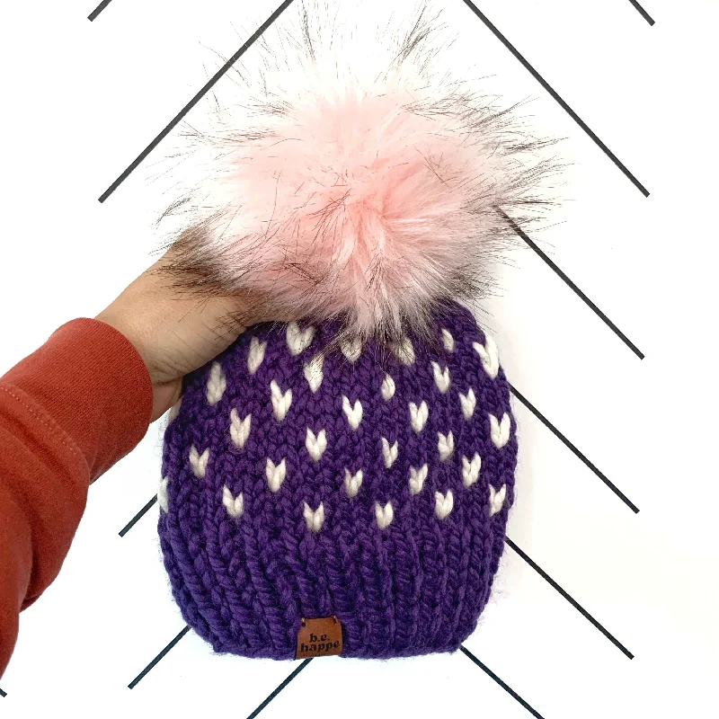 hand-knitted beanies-  0-3 month Baby Happe Hearts Knit Pom Hat | Iris Purple