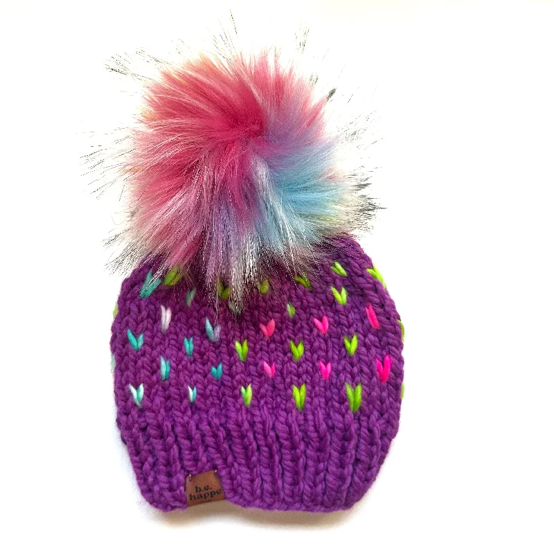 beanies with matching scarves-  6-12 month Knit Hearts Pom Hat | Lollipop Rainbow