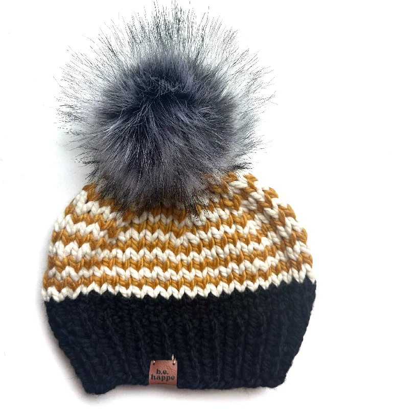 beanies with soft lining-  Adult Zig Zag Knit Hat | Mustard Yellow + Black + Off White