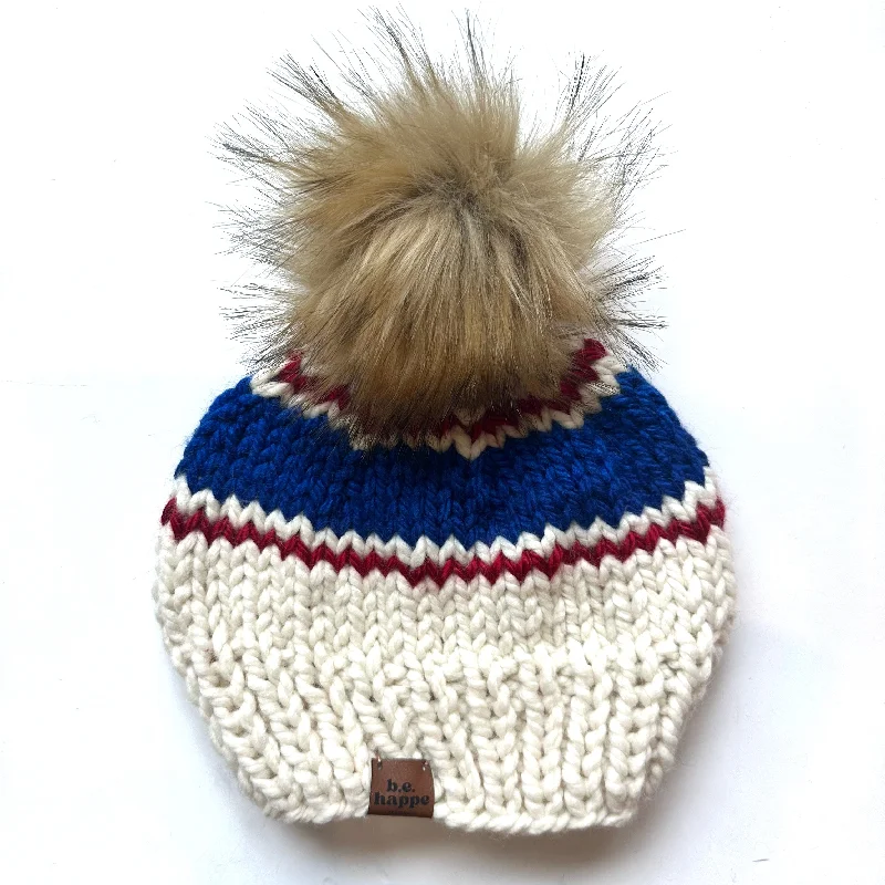 beanies with playful designs-  Adult Stripe Knit Pom Hat | Off White + Red + Blue