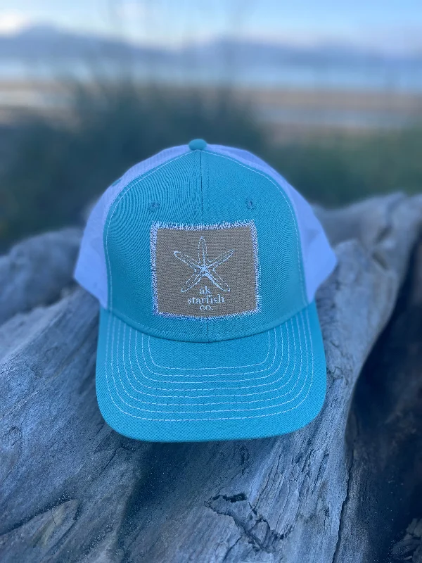 slouchy beanies-  Robin Egg / White AK Starfish Co. Patch Hat. $38.00