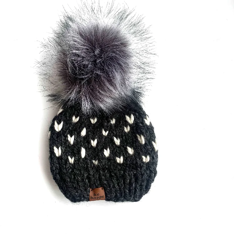 beanies for outdoor work-  6-12 month Baby Knit Hearts Pom Hat | Charcoal Gray + Off White