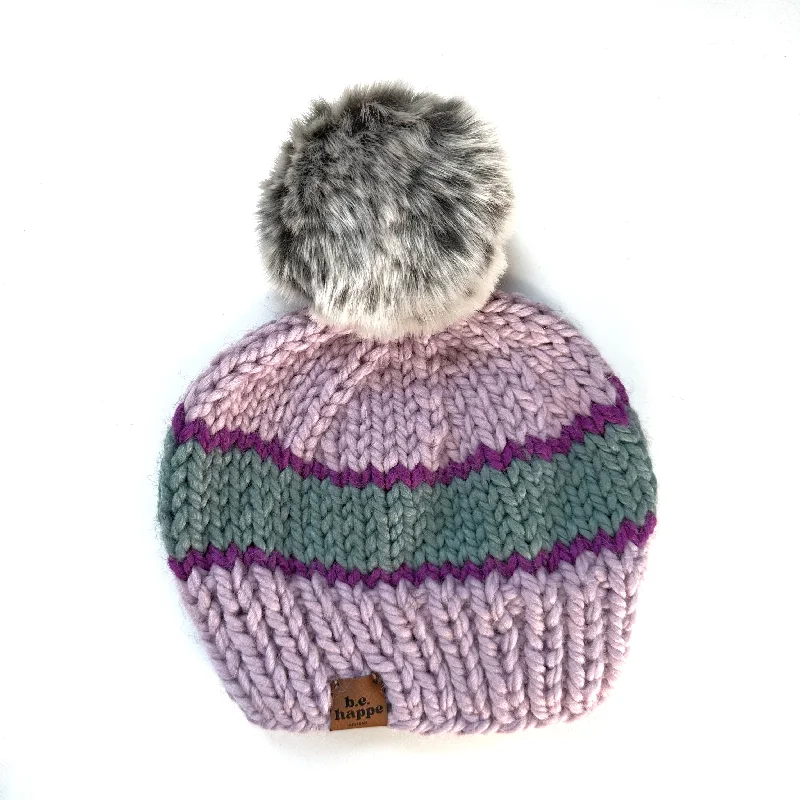 beanies for chilly weather-  Adult Stripe Knit Pom Hat | Purple + Succulent