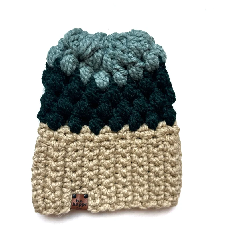 beanies for outdoor adventures-  Crochet Puff Stitch Slouch Hat | Tan + Green + Blue