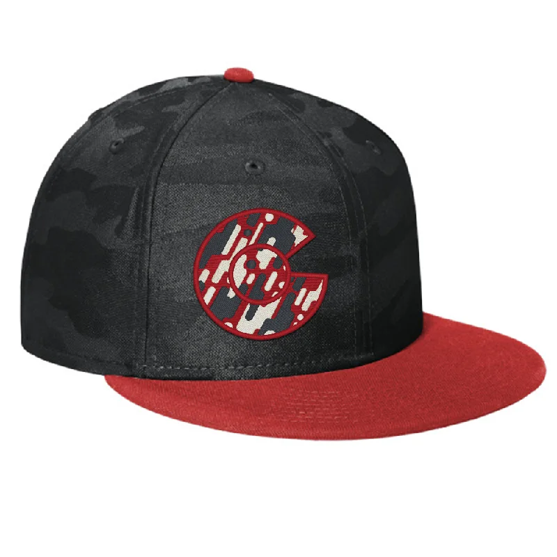 beanies for a chic look-  CO Logo Design_Colorado_Flat Bill Snap Back Hat - Black & Red Camo