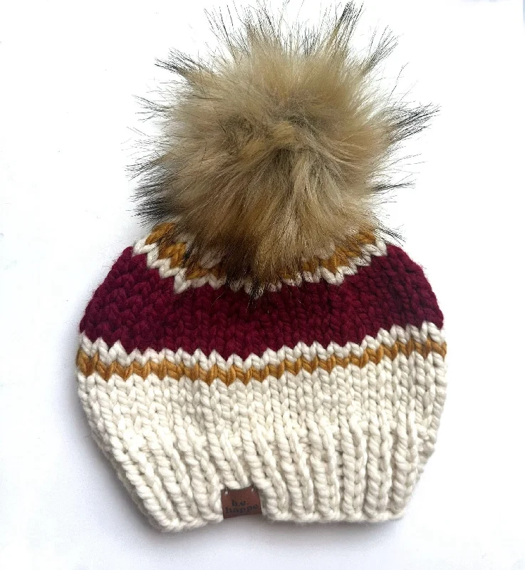 beanies with bright designs-  Adult Stripe Knit Pom Hat | Off White + Red + Mustard Yellow