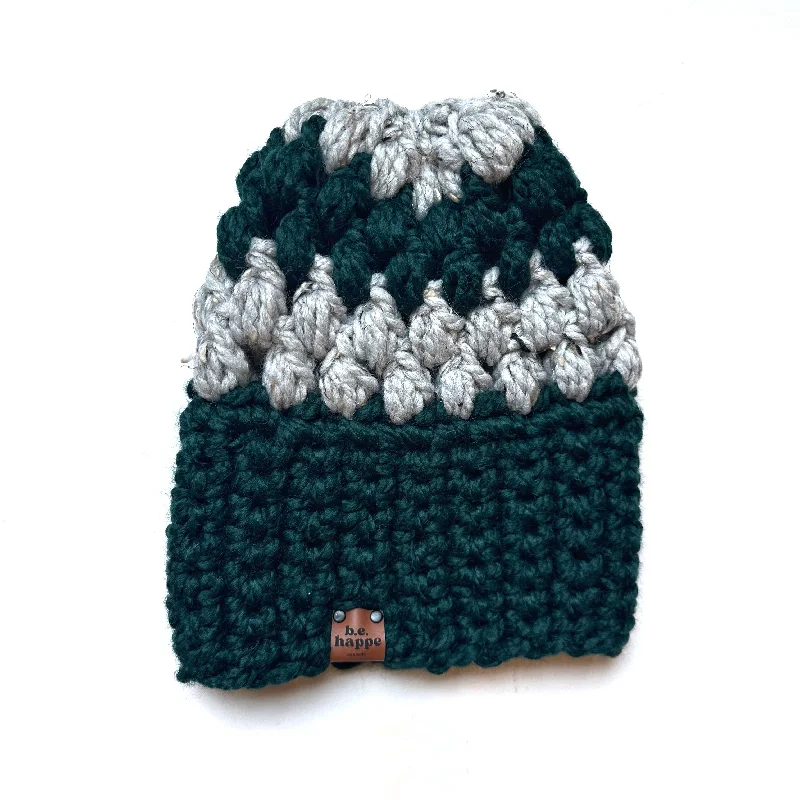 beanies for social gatherings-  Crochet Puff Stitch Slouch Hat | Green + Gray