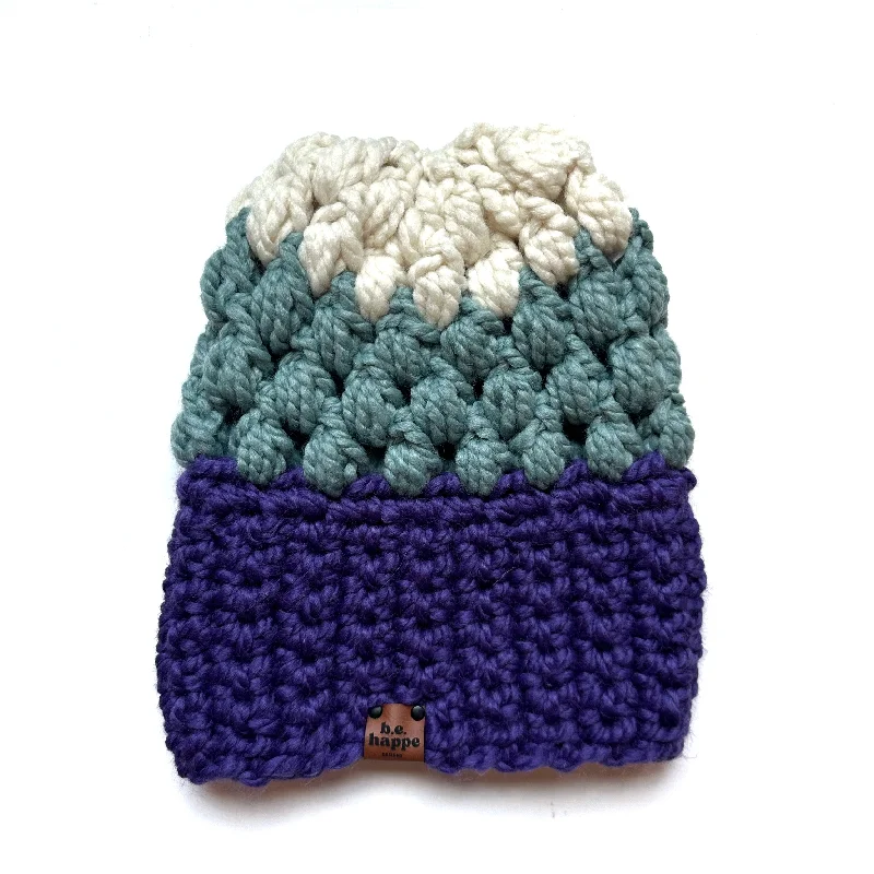 beanies for holiday style-  Crochet Puff Stitch Slouch Hat | Purple + Succulent + Off White