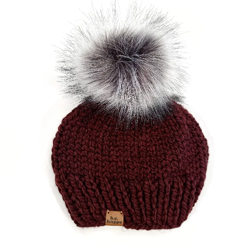 beanies for cold outdoor activities-  0-3 month Baby Solid Knit Pom Hat | Burgundy/Maroon