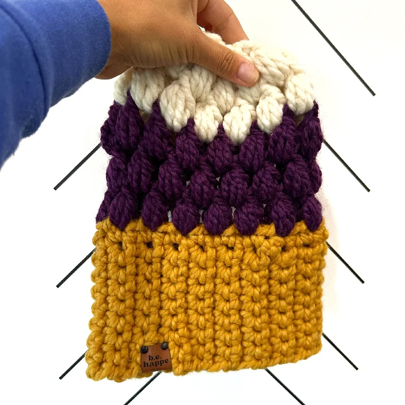 cozy beanies-  Crochet Puff Stitch Slouch Hat | Mustard + Purple + Off White