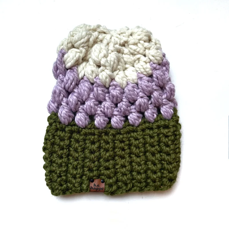 beanies with winter patterns-  Crochet Puff Stitch Slouch Hat | Green + Purple + Cream