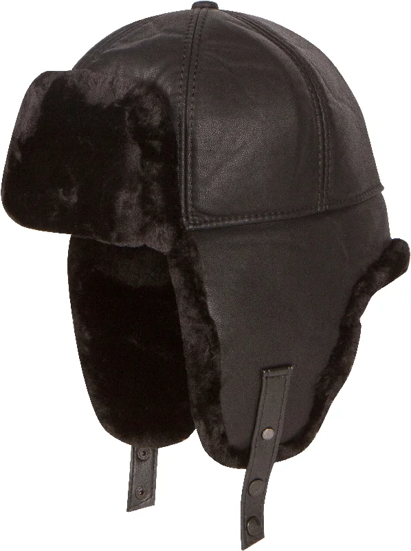 beanies with oversized pompom-  Sakkas Leather Shearling Faux Mink Fur Aviator Russian Ushanka Hat Chin Strap