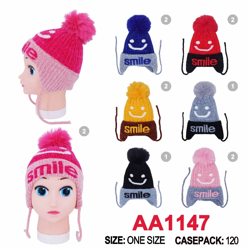 wool knit beanies-  Kids Boys Girls Children Cute Smile Winter Warm Hats Caps With Pom Earflap AA1147