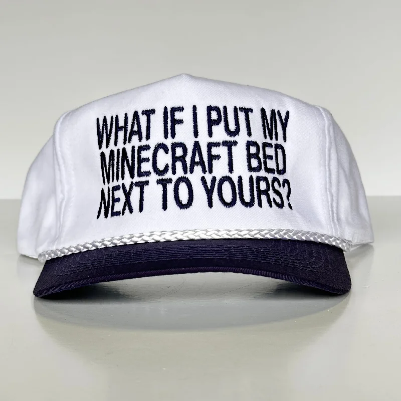 Bucket hats for adding flair to summer outfits-What if I put my Minecraft bed next to yours? White Crown Navy Brim SnapBack Funny Cap Hat Custom Embroidered Hutchbucketz Collab