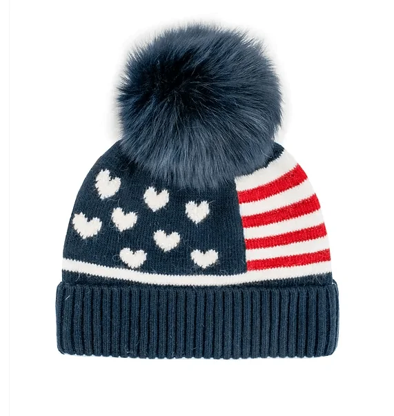 beanies for running and jogging-  Mitchie's Matchings Women's Knit American Flag Beanie with Fox Fur Pompom