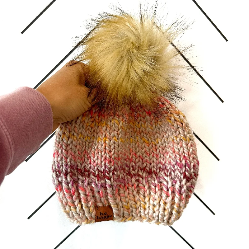 comfortable beanies-  Adult Solid Knit Pom Hat | Variegated Spice