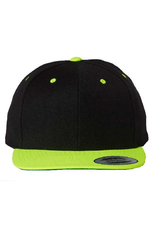 Men's hats for practical sun protection-mens hats for fashionable outdoor use-Yupoong Mens Premium Flat Bill Snapback Hat - Black/Neon Green