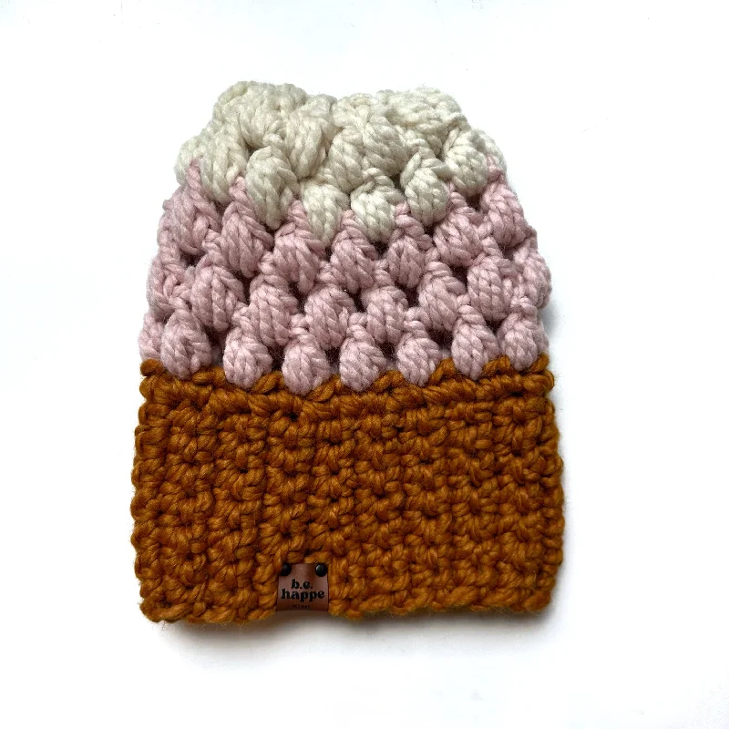 beanies for fashionable looks in winter-  Wholesale Puff Stitch Slouch Hat | Butterscotch + Pink + Off White