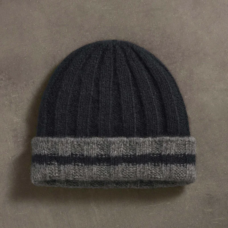 beanies with bright colors-  Cashmere Stripe Rib Beanie - True Black/Thunder