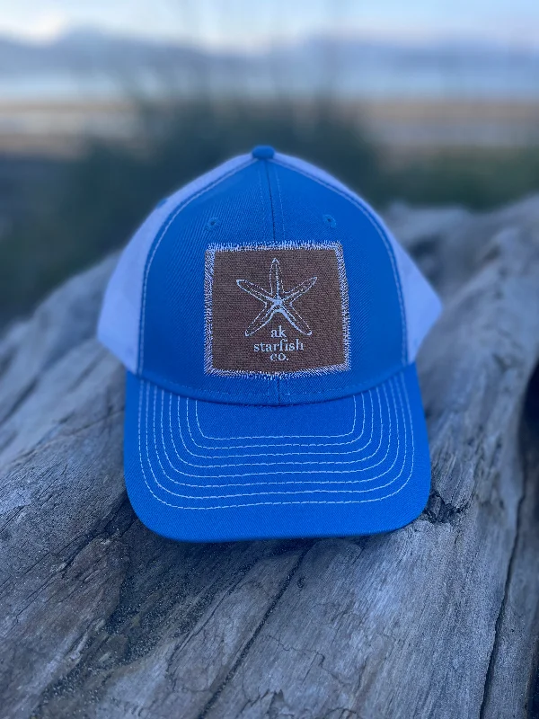 beanies for cold, brisk mornings-  Alaska Blue / White AK Starfish Co. Patch Hat. 38.00