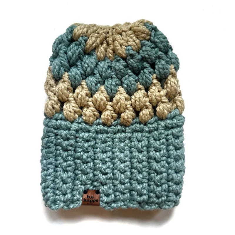 beanies with flat seams-  Crochet Puff Stitch Slouch Hat | Succulent Blue + Tan