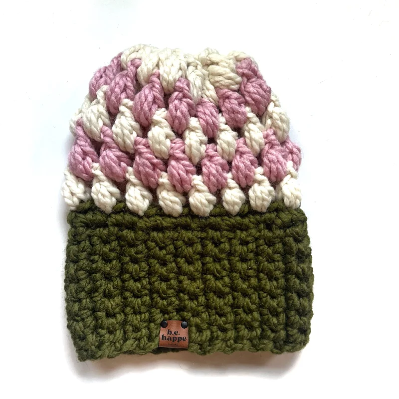 beanies for casual looks-  Crochet Puff Stitch Slouch Hat | Green + Pink + Cream