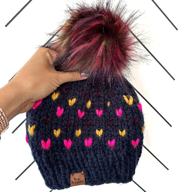 beanies for chilly weather-  6-12 month Baby Happe Hearts | Navy Blue + Multi-Color Hearts