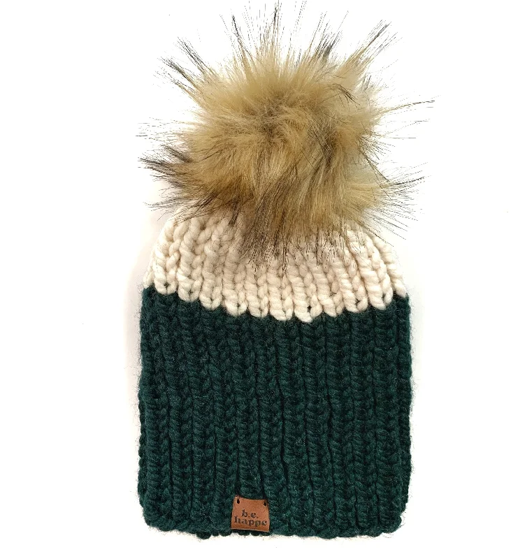 beanies with cozy wool for winter-  Adult Stripe Pom Hat| Dark Green + Off White