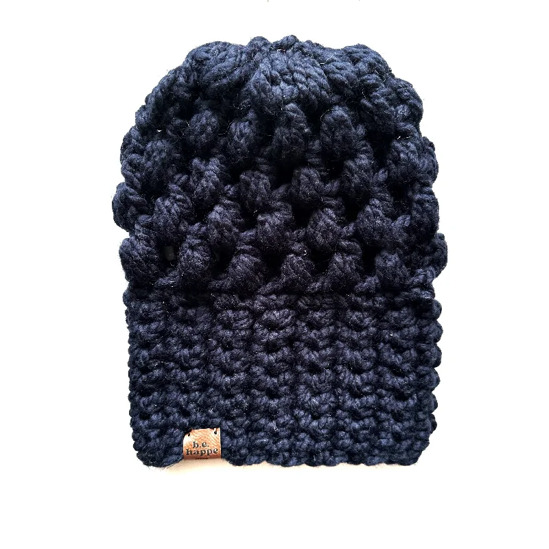 beanies with pompom-  Crochet Puff Stitch Slouch Hat | Navy Blue