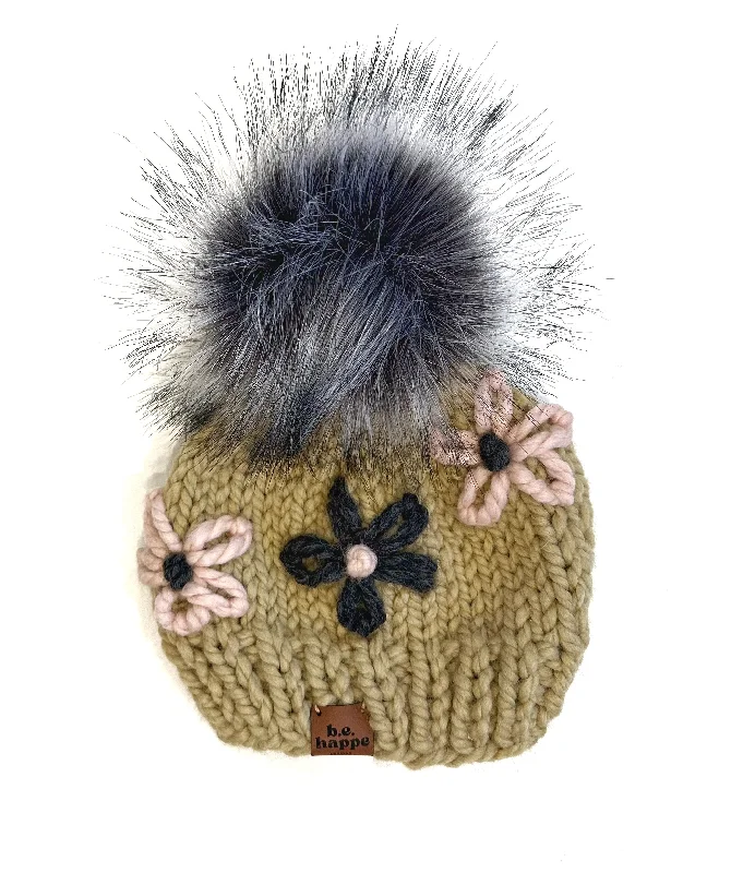 beanies for keeping cozy in winter-  3-6 Month baby Embroidered Flower Knit Pom Hat | Tan Hat with Pink + Gray Flowers