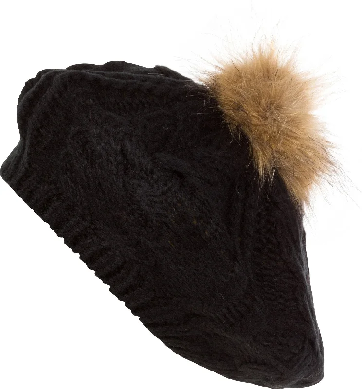 beanies for winter trips-  Sakkas Knit Faux Fur Pom Slouch Beret