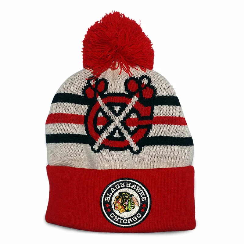 beanies for stylish layering-  Chicago Blackhawks Mitchell & Ness 2024 Winter Classic Stripes Knit Pom Winter Hat