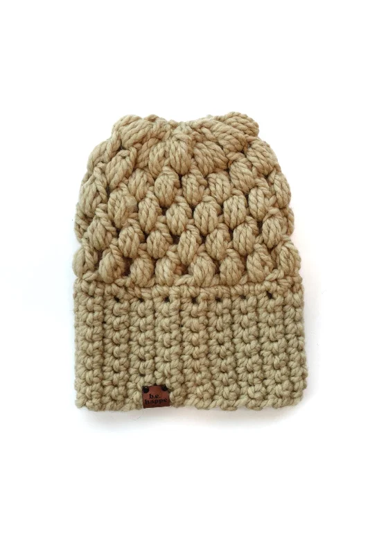 beanies with cable knit-  Crochet Puff Stitch Slouch Hat | Peanut Tan