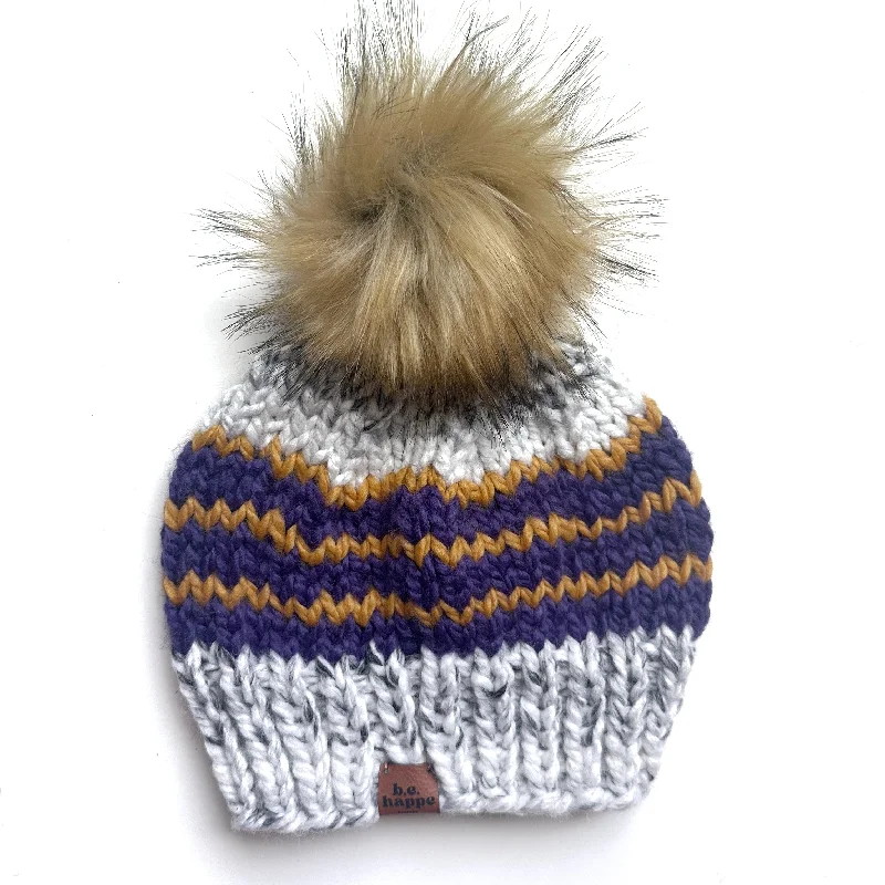 beanies with matching gloves-  Adult Stripe Knit Pom Hat | Marble + Mustard Yellow + Purple