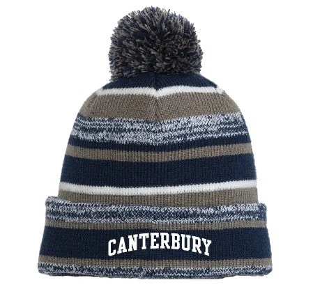 beanies for mountain hiking-  Winter Hat Pompom Grey, White and Blue Stripe