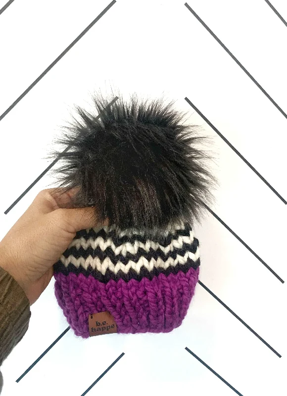 beanies for running in cold weather-  0-3 month Pom Pom Hat | Lollipop + Off White + Black