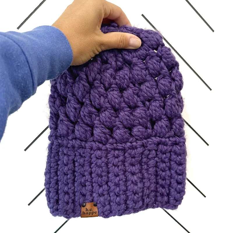 beanies with adjustable ear flaps-  Crochet Puff Stitch Slouch Hat | Purple