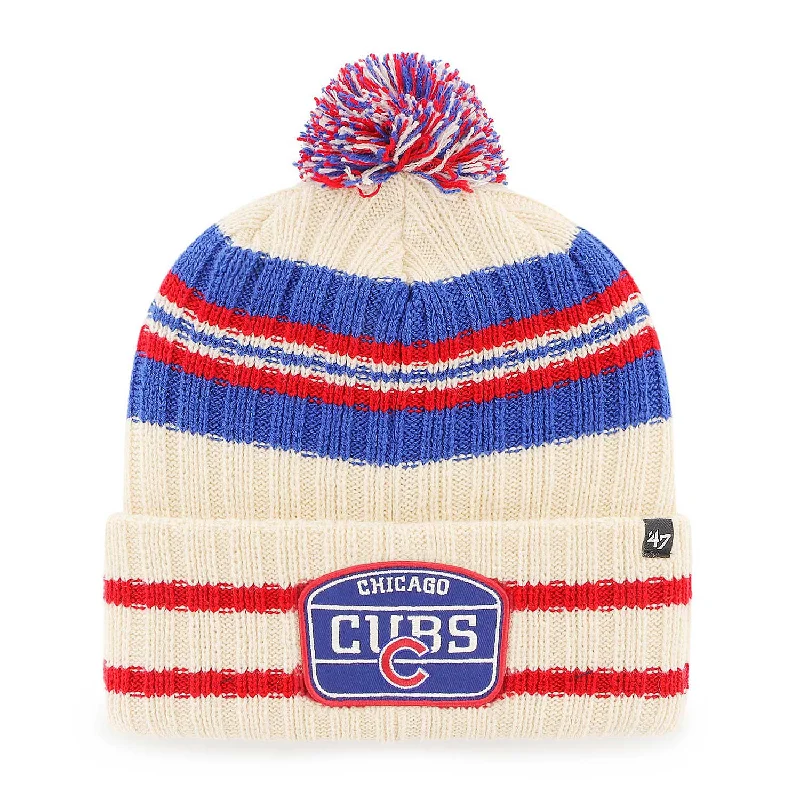 beanies with soft fabric-  Chicago Cubs Natural Home Patch Knit Hat W/ Pom