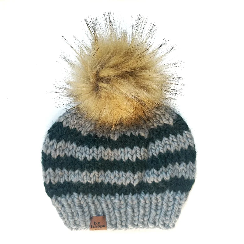 beanies with ear warmers-  Adult Stripe Knit Pom Hat | Slate Grey + Dark Green