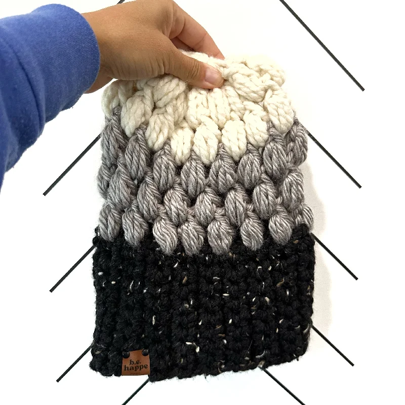 beanies for snow and rain-  Crochet Puff Stitch Slouch Hat | Black + Grey + Off White