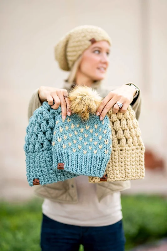 beanies for versatile wear-  Wholesale Knit Heart Pom Hat | Succulent + Peanut