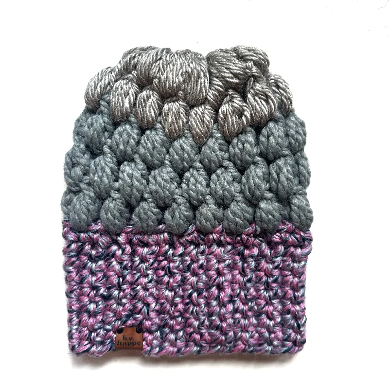 beanies for runners-  Crochet Puff Stitch Slouch Hat | Purple + Blue + Grey