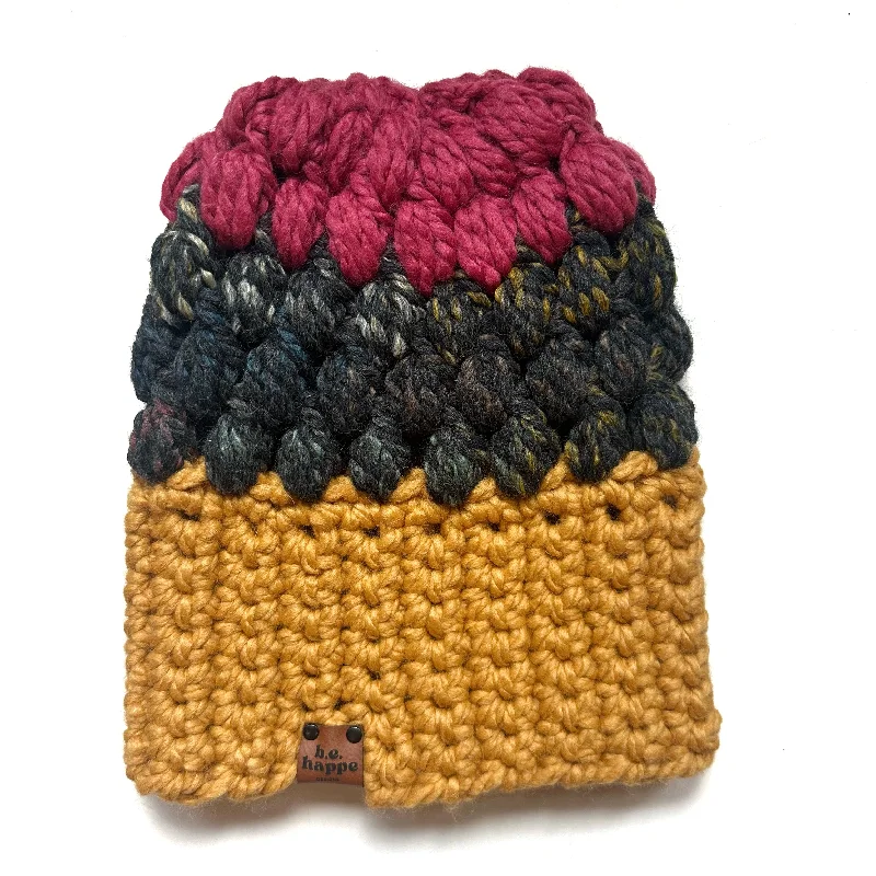 beanies with custom designs-  Crochet Puff Stitch Slouch Hat | Mustard Yellow + Bedrock + Pink