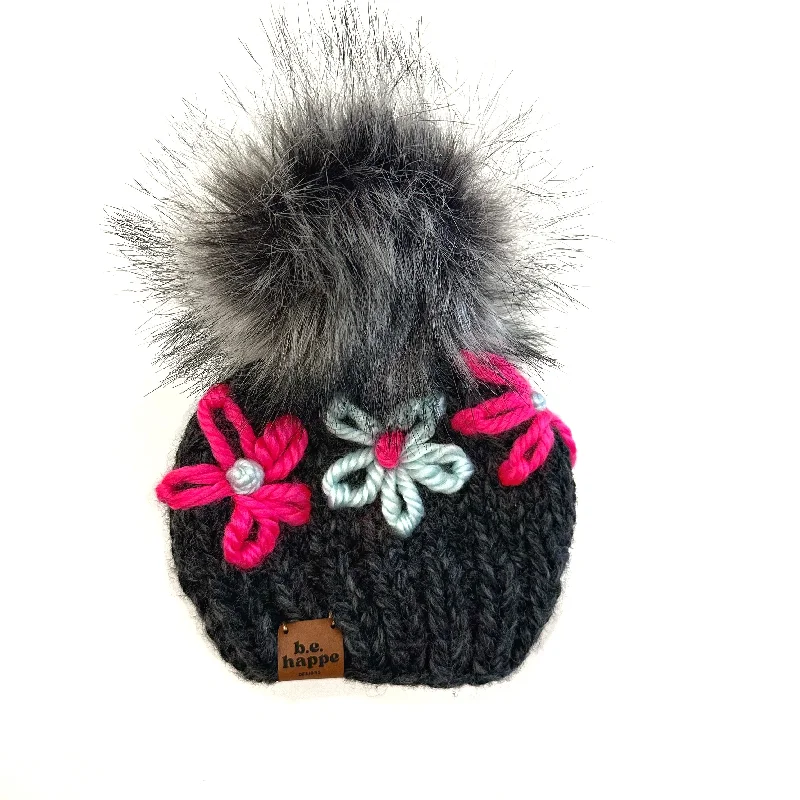 beanies with pompom for men-  0-3 month Baby Embroidered Flower Knit Pom Hat | Gray Hat with Hot Pink + Dusty Blue Flowers