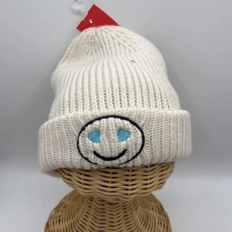 beanies for stylish outdoor wear-  Size OS: Nordstrom White Black/Blue Heart Eyes Smiley Face Knitted Winter Hat