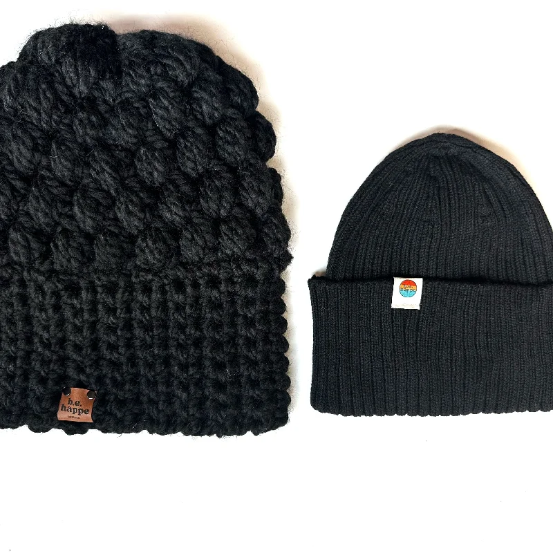 beanies for the perfect fit-  Crochet Puff Stitch Slouch Hat + Ribbee Knit Bundle | Black