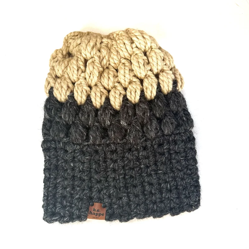 beanies for trendy looks-  Crochet Puff Stitch Slouch Hat | Charcoal + Tan