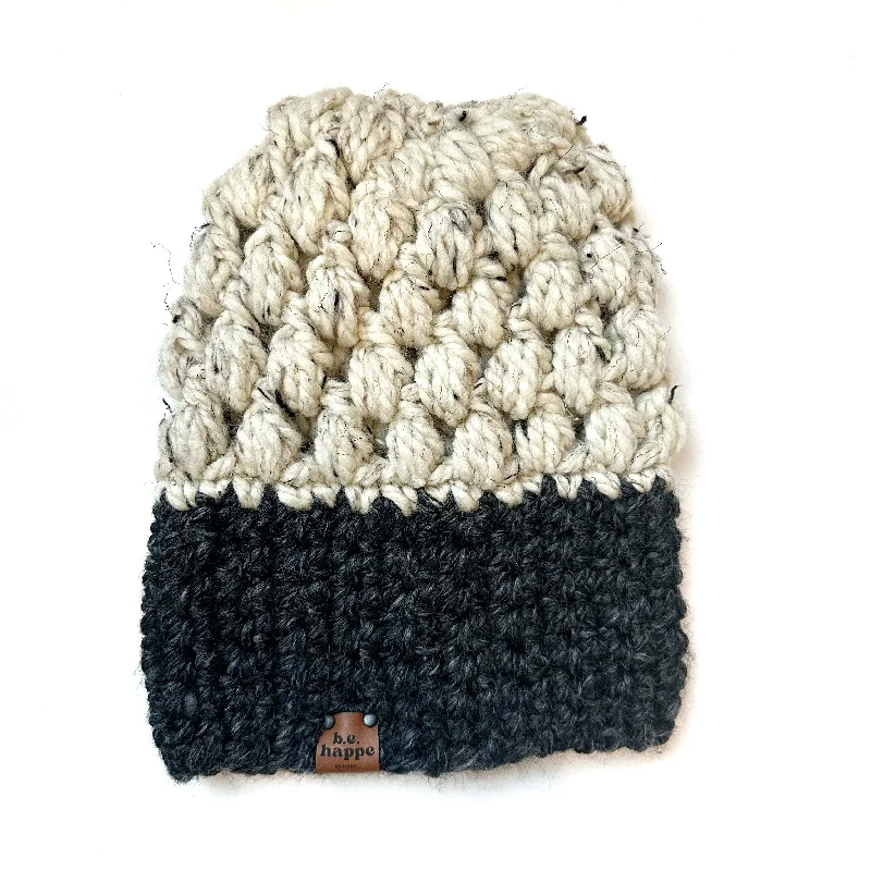 beanies with soft and warm fabric-  Crochet Puff Stitch Slouch Hat | Charcoal Gray + Oatmeal